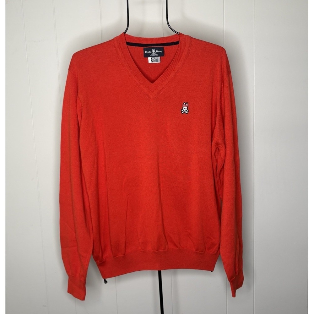 Psycho Bunny Red Men's Sz L V-Neck Cotton Knit Pullover Sweater Embroidered Logo